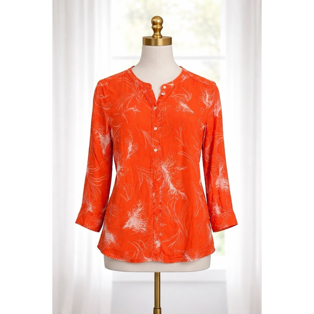 L.L. Bean Signature Lyocell Collarless Top Button Up Ember Print‎ Orange Size 6